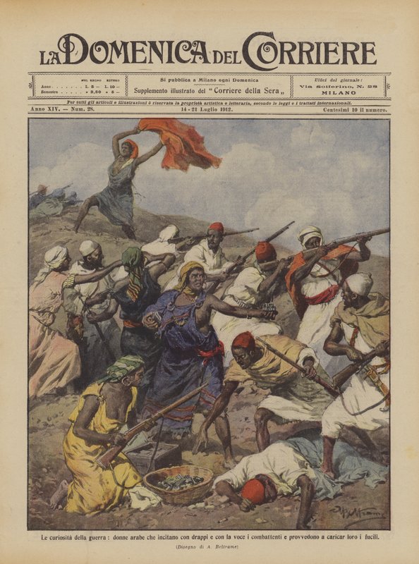 Krigets kuriosa, arabiska kvinnor som hetsar kämparna med tyg och röst? av Achille Beltrame