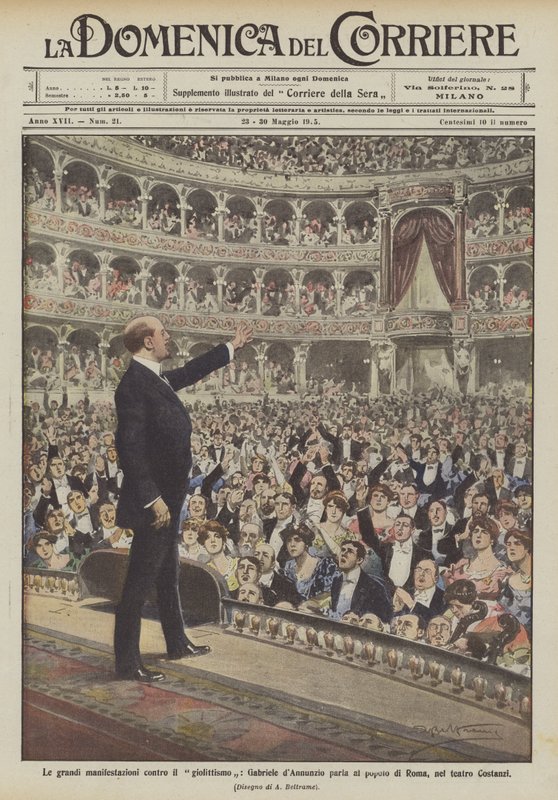 De stora demonstrationerna mot Giolittismo, Gabriele dAnnunzio talar till folket i Rom, i Costanzi-teatern av Achille Beltrame