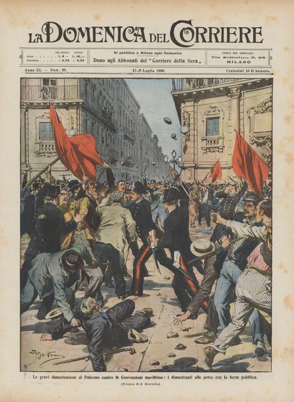 De allvarliga demonstrationerna i Palermo mot sjöfartskonventionerna, demonstranterna brottas med den offentliga styrkan av Achille Beltrame