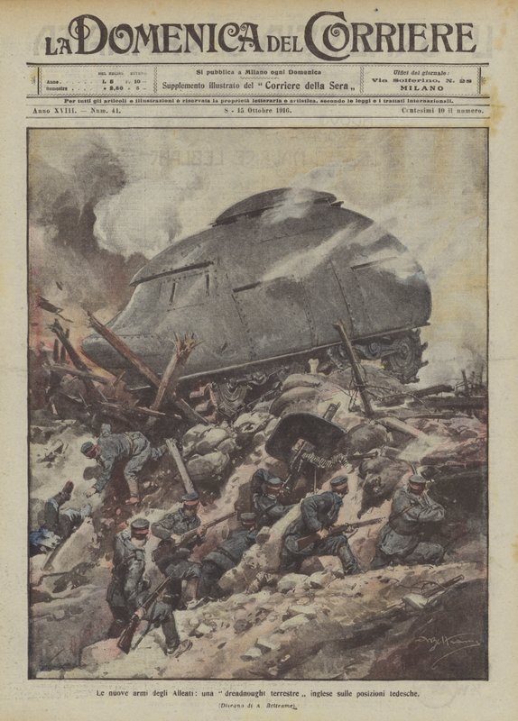 De nya allierade vapnen, ett brittiskt land dreadnought på tyska positioner av Achille Beltrame