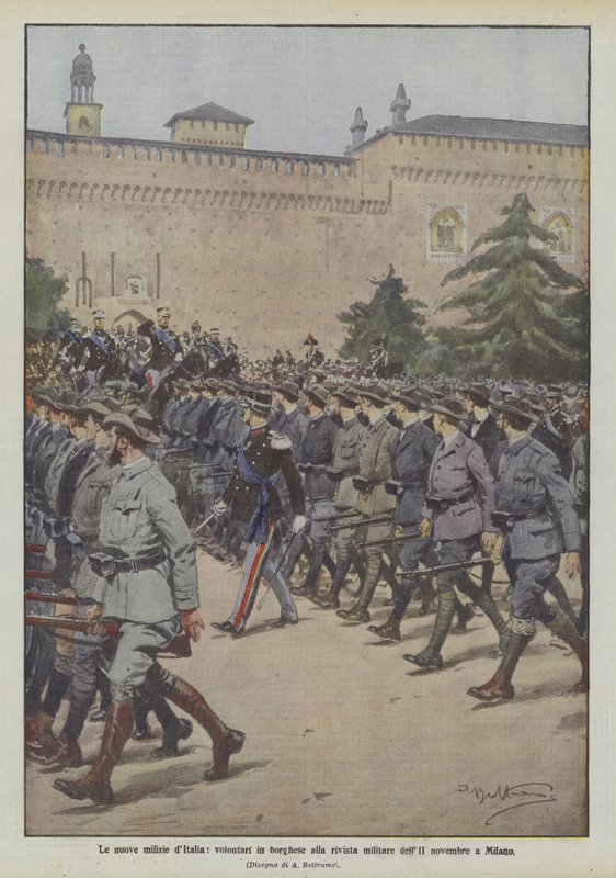 Den nya milisen i Italien, civilklädda volontärer på militärtidningen i november II i Milano av Achille Beltrame