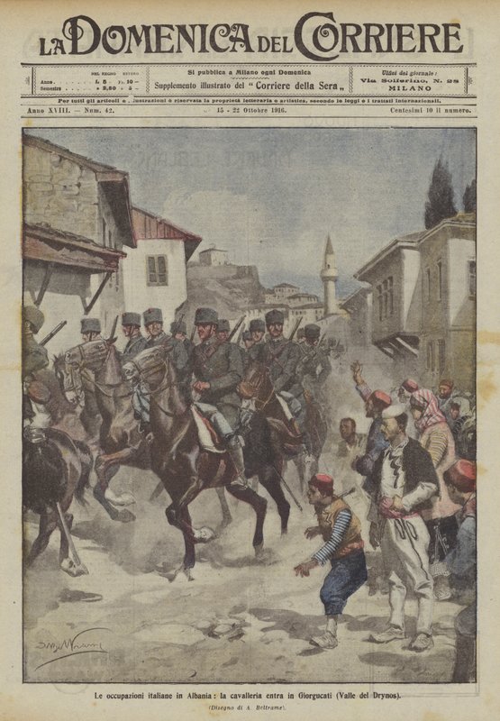 De italienska ockupationerna i Albanien, kavalleriet går in i Giorgucati (Drynosdalen) av Achille Beltrame