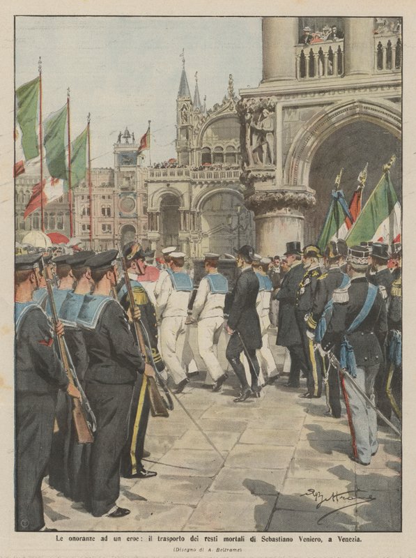 Heder till en hjälte, transporten av de dödliga kvarlevorna av Sebastiano Veniero till Venedig av Achille Beltrame