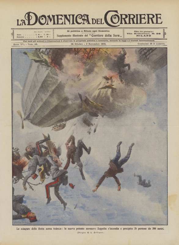 Den tyska flygflottans olyckor, det nya kraftfulla Zeppelin-luftskeppet synkar och kraschar? av Achille Beltrame