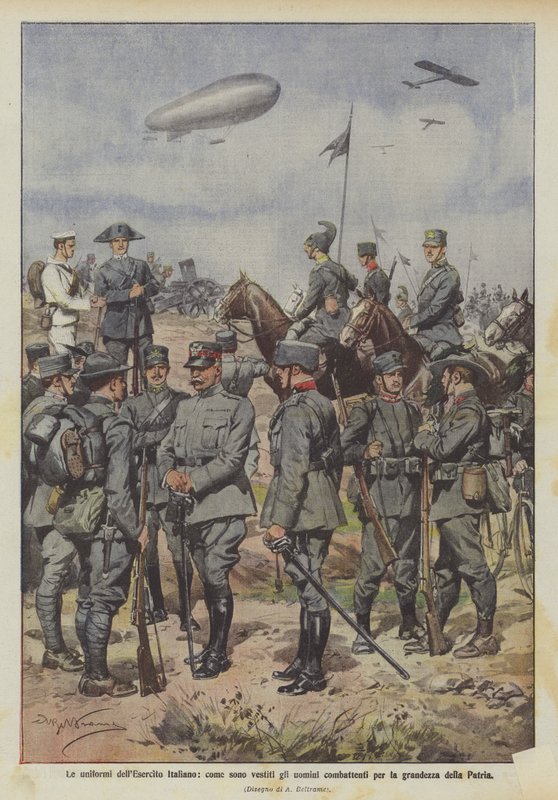 Den italienska arméns uniformer, hur männen som kämpar för fäderneslandets storhet är klädda av Achille Beltrame