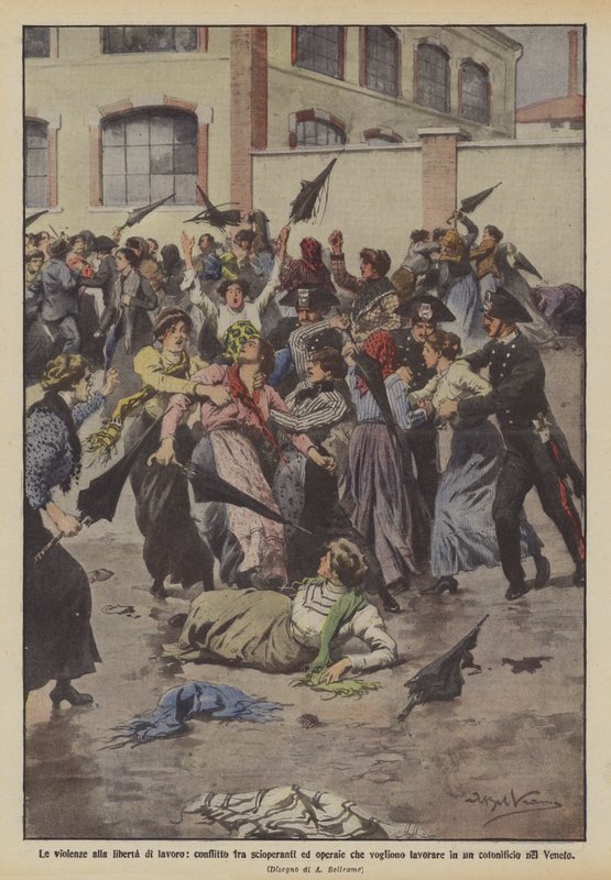 Våldet mot arbetsfriheten, konflikten mellan strejkande och arbetare som vill arbeta? av Achille Beltrame