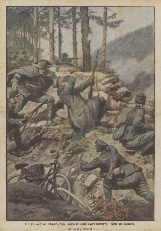 Överste Violas heroiska död, skjuten i pannan när han slog fiender med en musköt av Achille Beltrame