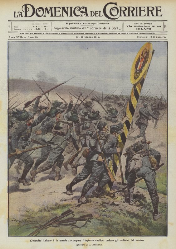 Den italienska armén är på marsch, den orättvisa gränsen försvinner, fiendens emblem faller av Achille Beltrame