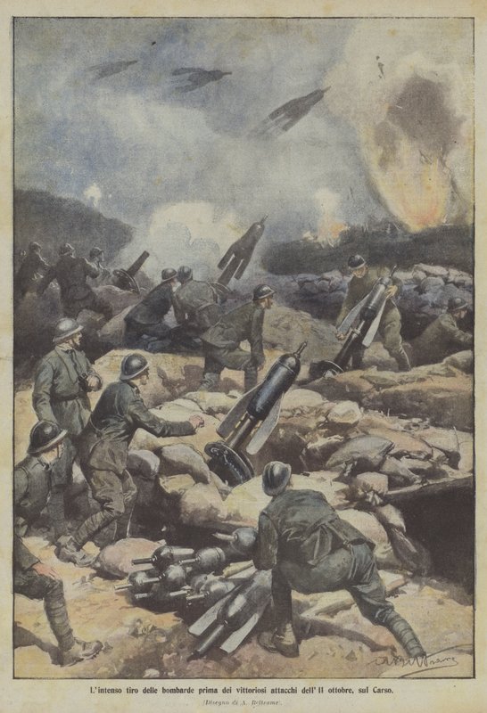 Den intensiva avfyringen av bombarderna före de segerrika attackerna den 11 oktober mot Carso av Achille Beltrame