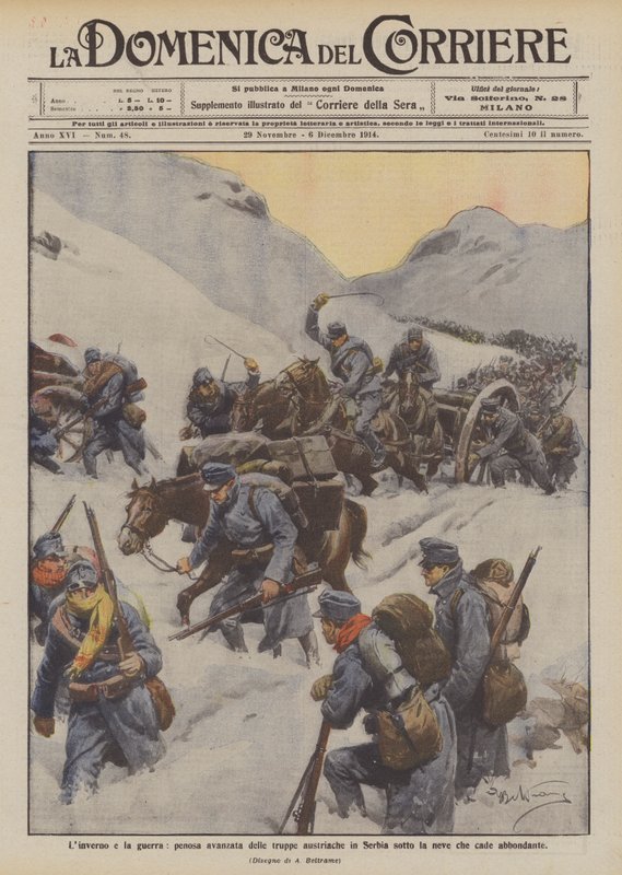 Vinter och krig, de österrikiska truppernas smärtsamma framfart i Serbien under den rikliga snön som faller av Achille Beltrame