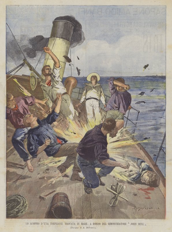 Scoppio DUna-torpeden hittades till sjöss, ombord på bogserbåten John Bull av Achille Beltrame
