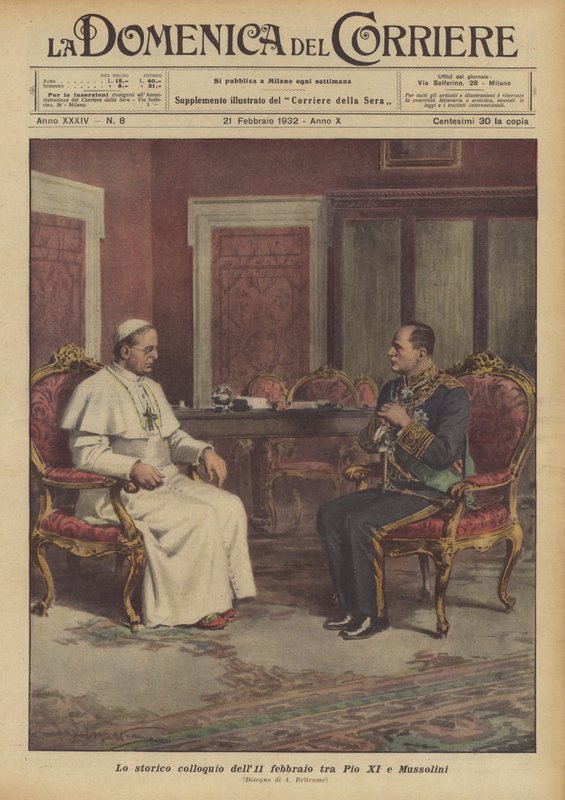 Det historiska samtalet den 11 februari mellan Pius XI och Mussolini av Achille Beltrame