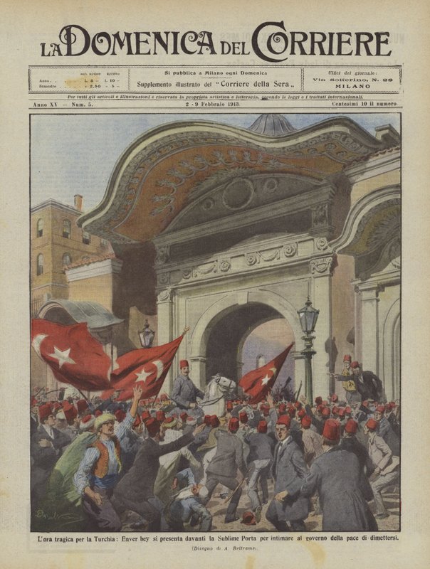 Tragisk timme för Turkiet, Enver bey dyker upp framför Sublime Porte för att beställa? av Achille Beltrame