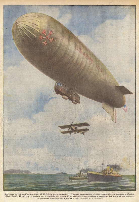 Det senaste inom flygteknik, det flygplansbärande luftskeppet av Achille Beltrame