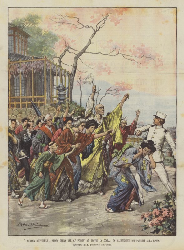 Madama Butterfly New Opera av Maestro Puccini på La Scala Theatre, The Curse of the Relatives of the Bride av Achille Beltrame