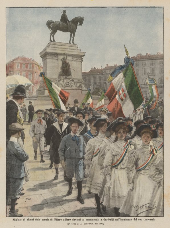 Tusentals skolelever i Milano paraderar framför monumentet till Garibaldi i närtid? av Achille Beltrame