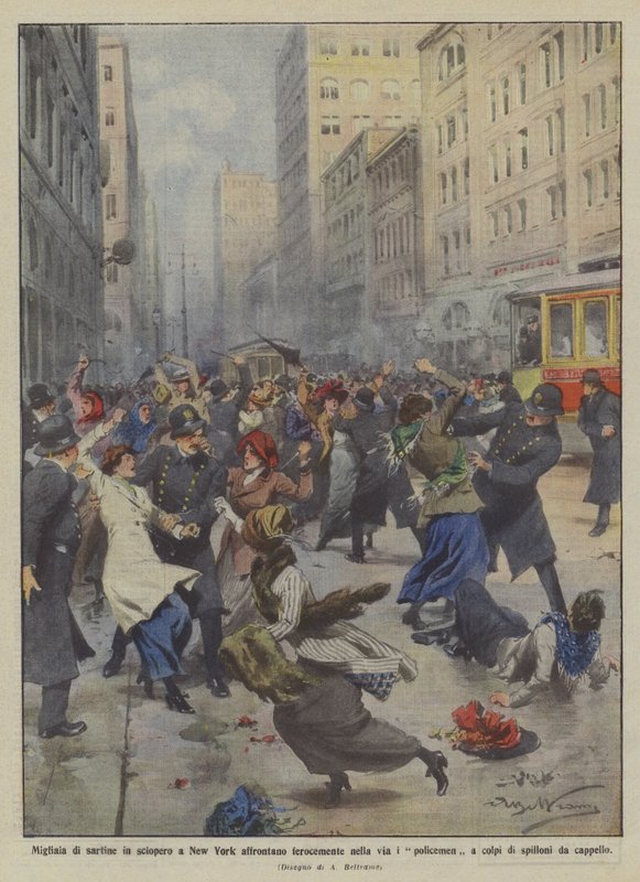 Tusentals avklädda sömmerskor i New York slåss hårt mot poliser på gatan? av Achille Beltrame