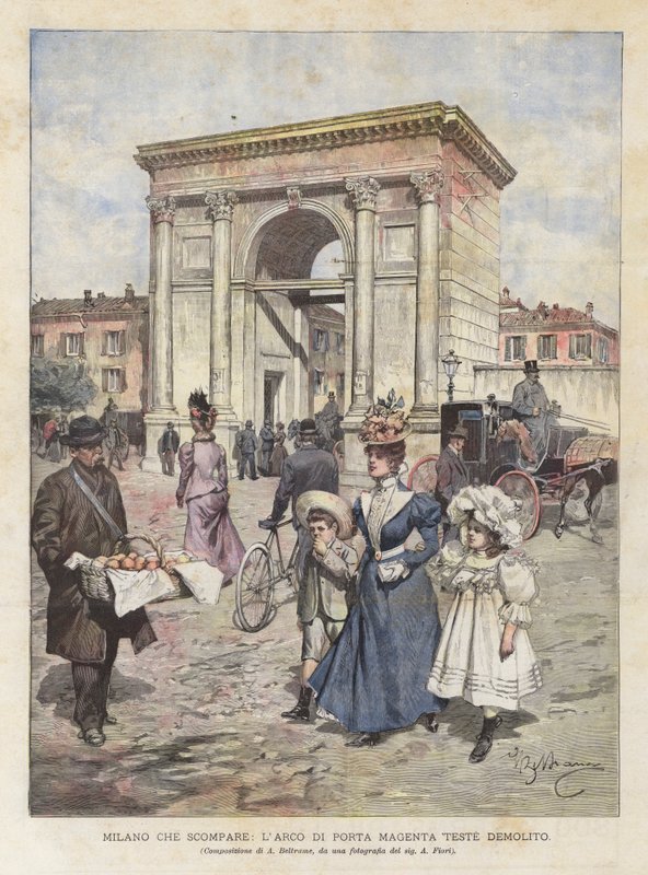 Milano som försvinner, bågen av Porta Magenta Teste riven av Achille Beltrame