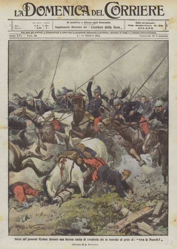 General Eydouxs död under en rasande kavallerianfall som överväldigade honom med ropet om, leve Frankrike! av Achille Beltrame