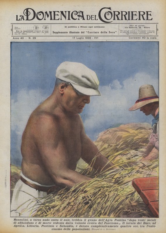 Tröskar Mussolini, bar överkropp i solen, Agro Pontinos vete efter tjugo århundraden? av Achille Beltrame