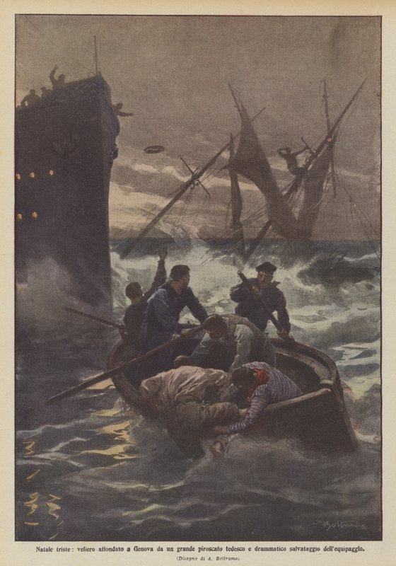 En sorglig jul, ett segelfartyg sänkt i Genua av ett stort tyskt ångfartyg och en dramatisk räddning av besättningen av Achille Beltrame