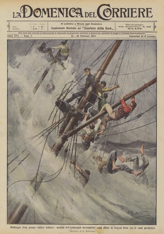 Sjunkande av ett stort tyskt segelfartyg, besättningsmän klättrar i masterna i tragisk? av Achille Beltrame
