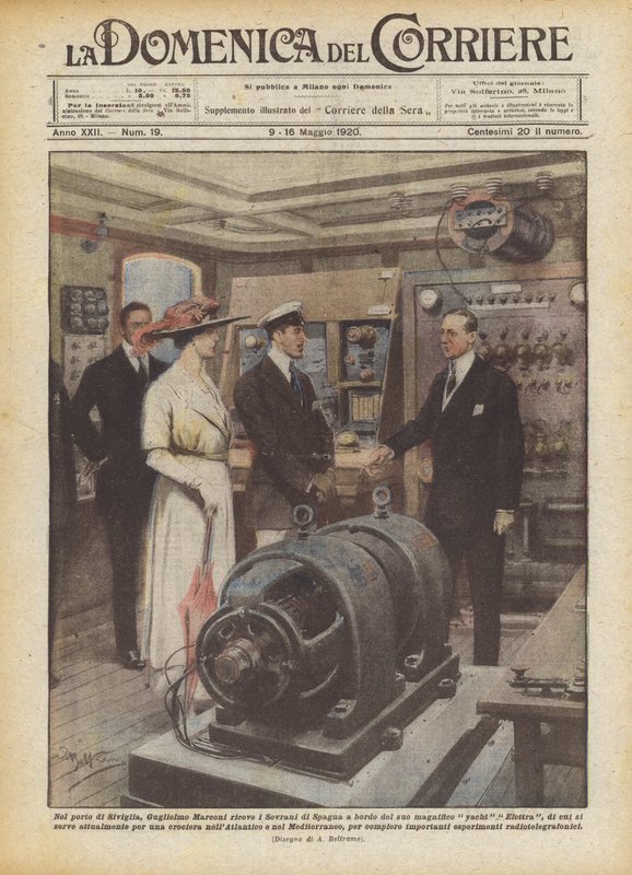 I hamnen i Sevilla tar Guglielmo Marconi emot Spaniens suveräner ombord på sin magnifika? av Achille Beltrame