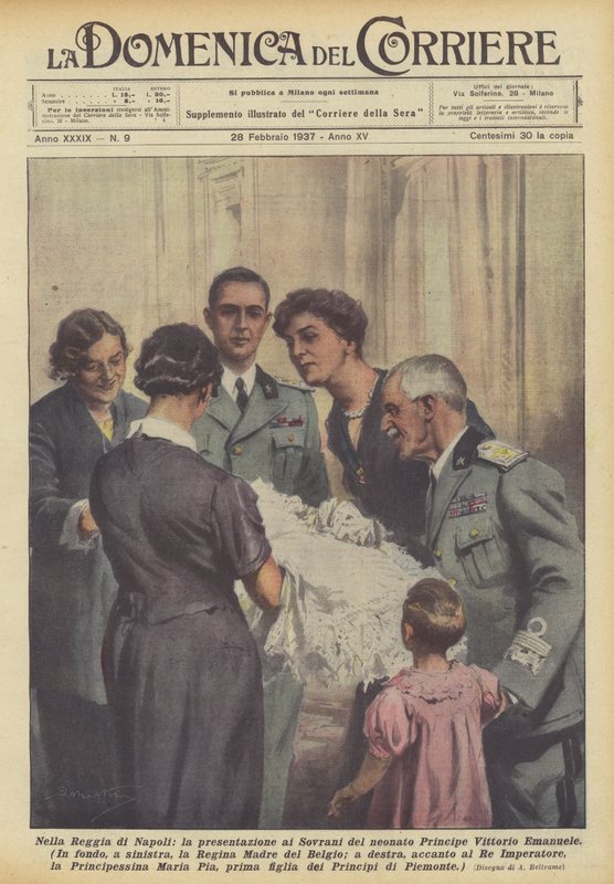 I det kungliga palatset i Neapel, presentationen för den nyfödde prins Vittorio Emanueles suveräner av Achille Beltrame