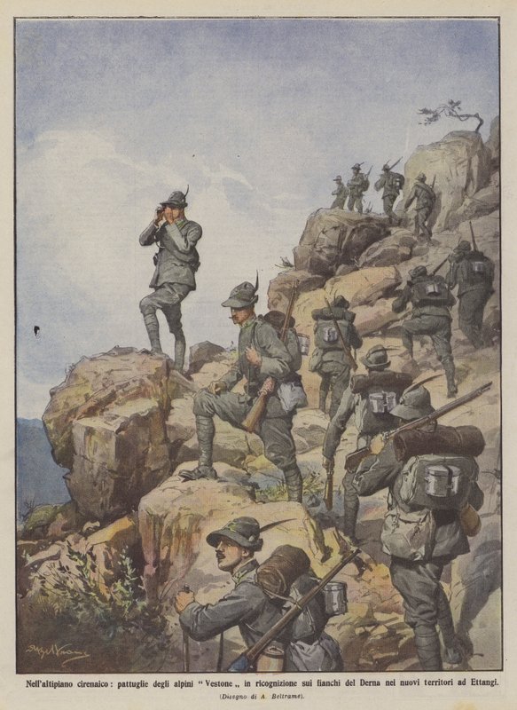 På den kyrenaiska platån, patruller av Vestone Alpini spaning på flankerna av Derna i? av Achille Beltrame