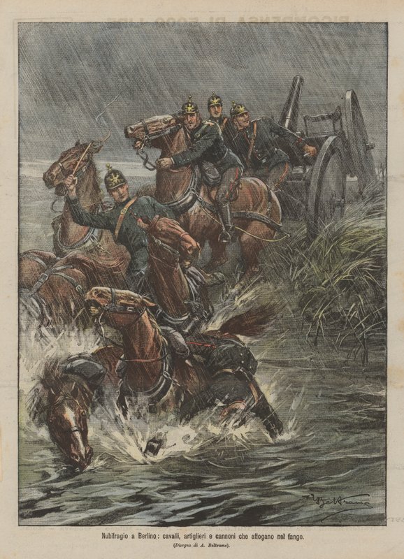Storm i Berlin, hästar, skyttar och kanoner som drunknar i leran av Achille Beltrame