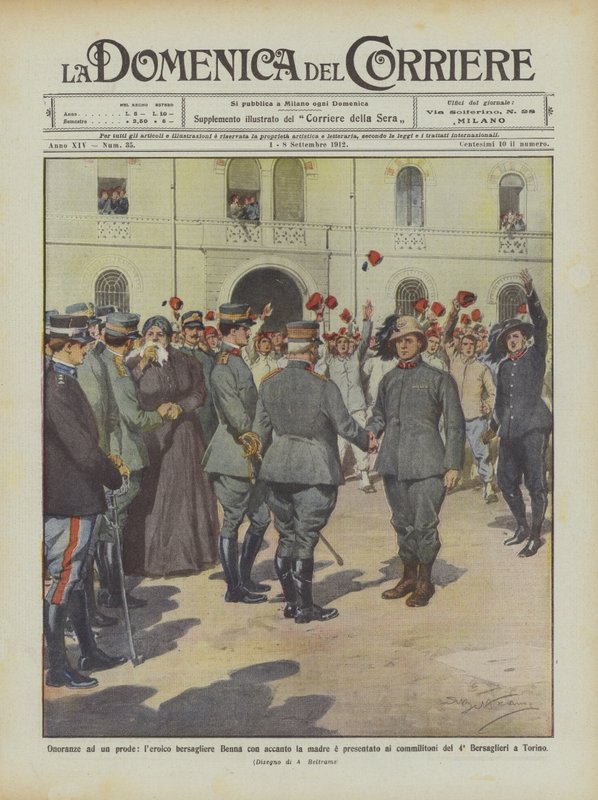 Heder till en modig, heroisk bersagliere Benna med sin mor bredvid sig och presenterad för sina medsoldater? av Achille Beltrame