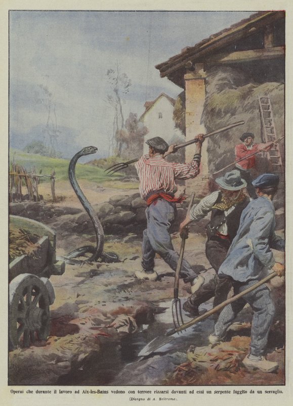 Arbetare som, medan de arbetar i Aix-les-Bains, med skräck ser stå upp framför dem? av Achille Beltrame