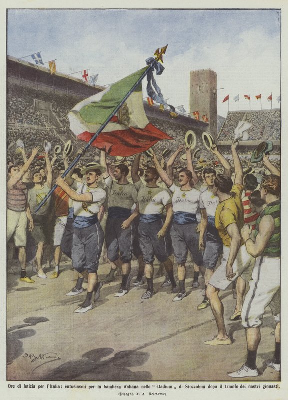 Timmar av glädje för Italien, entusiasm för den italienska flaggan på Stockholms stadion efteråt? av Achille Beltrame