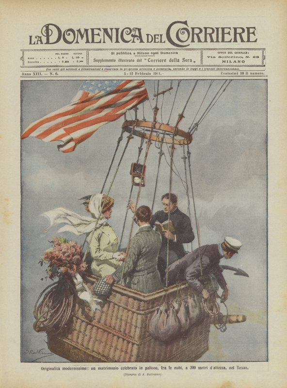 Mycket modern originalitet, ett bröllop som firas i en ballong, bland molnen, 300 meter över havet, i Texas av Achille Beltrame