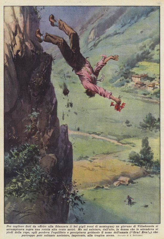 Att plocka blommor för att erbjuda sin flickvän (de vackra röda fjällliljorna) en ung man? av Achille Beltrame