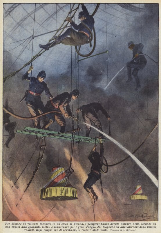 För att släcka en våldsam brand i en cirkus i Wien var brandmännen tvungna att gå in i? av Achille Beltrame
