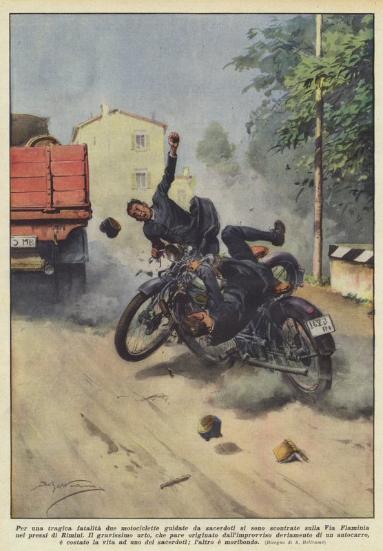 Av ett tragiskt öde kolliderade två motorcyklar som kördes av präster på vägen? av Achille Beltrame
