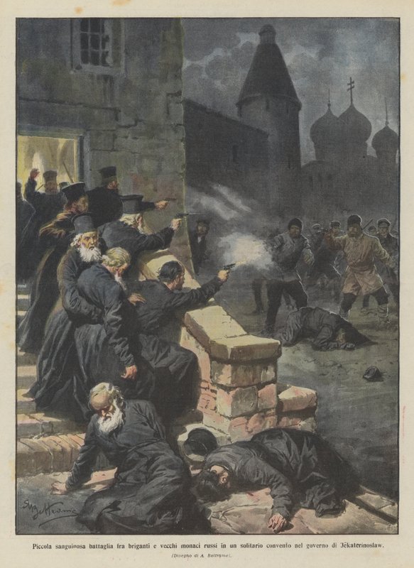 En jävla liten strid mellan briganders och gamla ryska munkar i ett ensamt kloster i? av Achille Beltrame