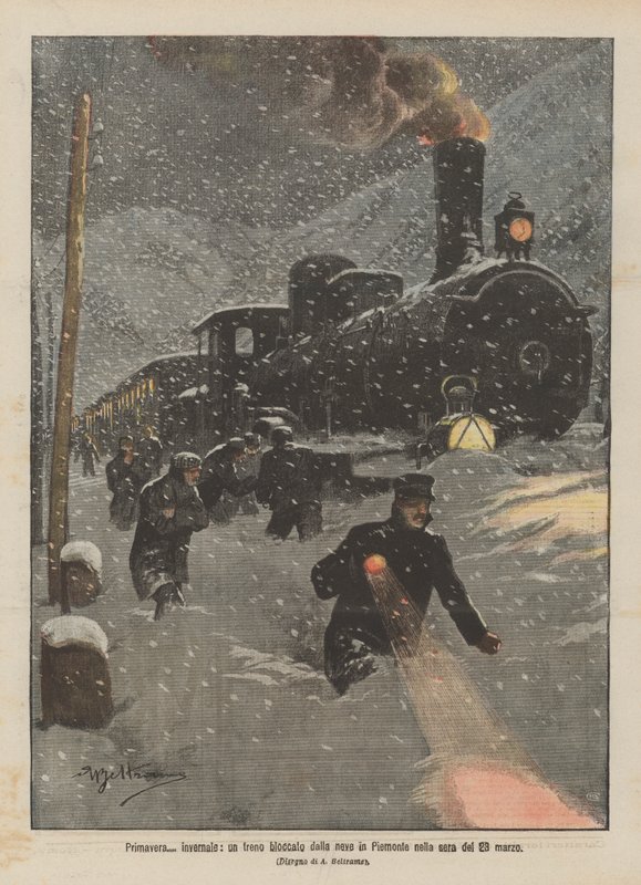 Vår ? vinter, ett tåg blockerat av snö i Piemonte på kvällen den 23 mars av Achille Beltrame