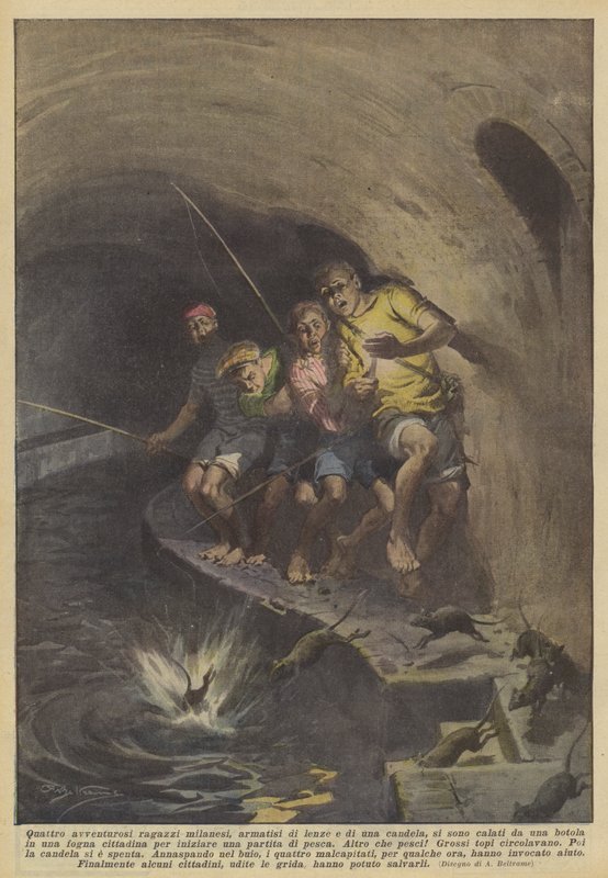 Fyra äventyrliga milanesiska pojkar, beväpnade med fiskelinor och ett ljus, härstammar från en? av Achille Beltrame