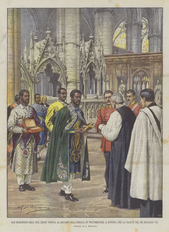 Tar Ras Makonnen ett votivkors till dekanus vid Westminster Abbey, London, för hälsan? av Achille Beltrame