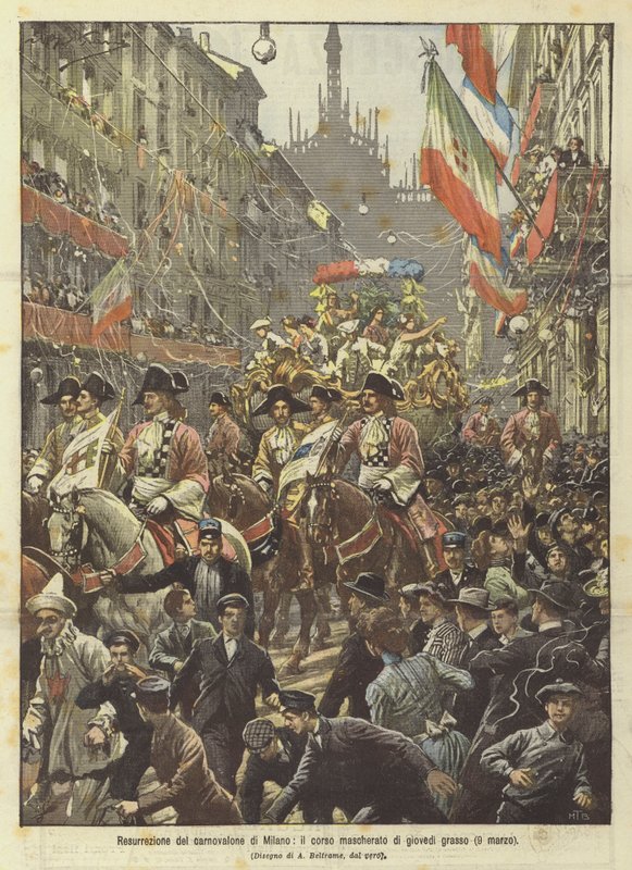 Resurrection of the Milano carnovalone, den maskerade kursen på fastetorsdagen (9 mars) av Achille Beltrame