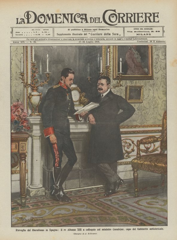 Uppvaknande av liberalism i Spanien, kung Alfonso XIII i samtal med minister Canalejas? av Achille Beltrame