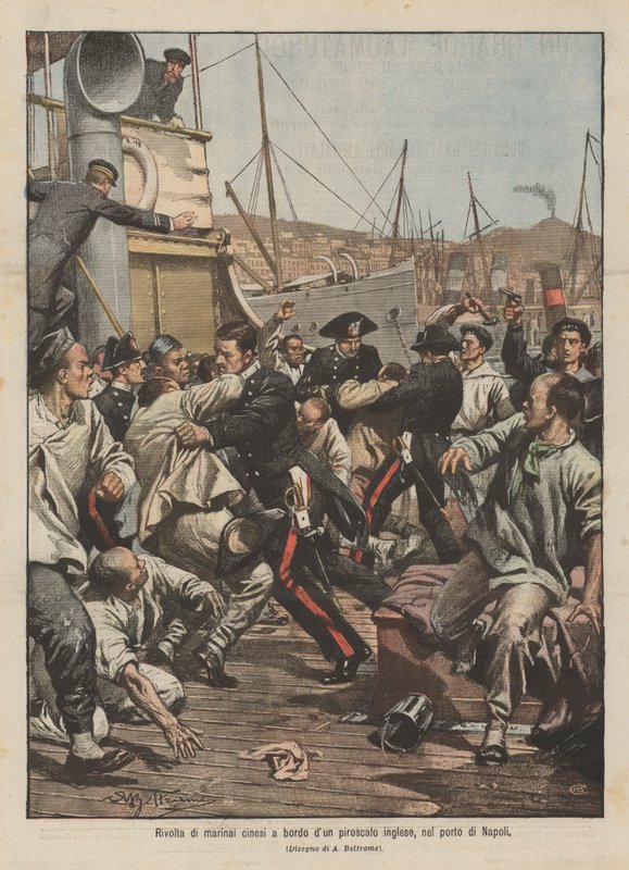 Kinesiska sjömäns revolt ombord på ett engelskt ångfartyg i hamnen i Neapel av Achille Beltrame