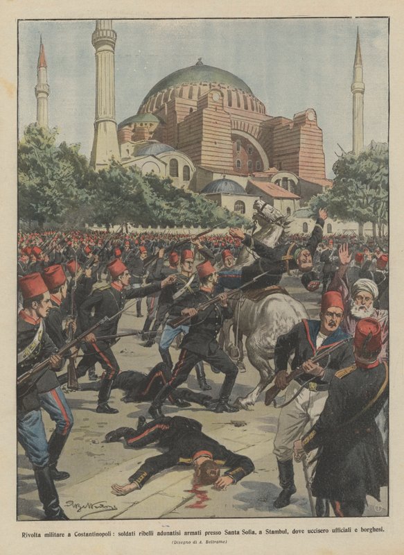 Militär revolt i Konstantinopel, beväpnade rebellsoldater samlade vid Santa Sofia, i Stamboul? av Achille Beltrame