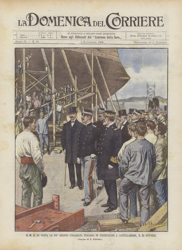 S M Il Re besöker det största italienska slagskeppet under konstruktion i Castellamare den 23 oktober av Achille Beltrame