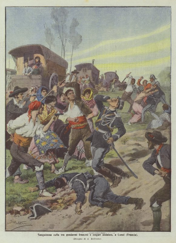 Blodigt slagsmål mellan franska gendarmer och andalusiska zigenare, i Lunel (Frankrike) av Achille Beltrame