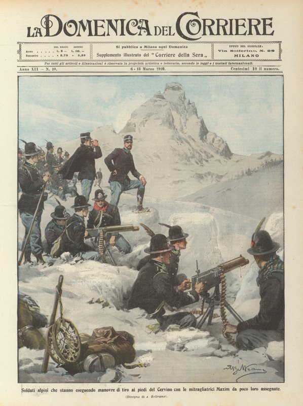 Alpinsoldater som utför skjutmanövrar vid foten av Matterhorn med maskingevär? av Achille Beltrame