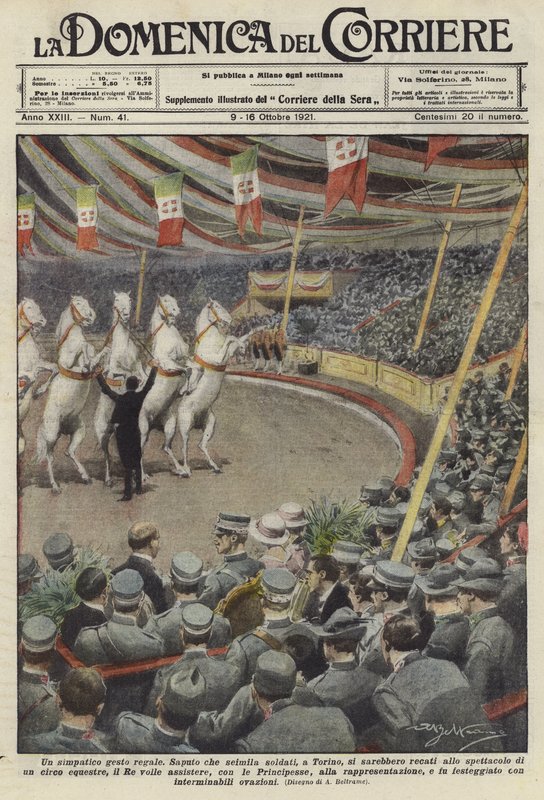 Soldater tittar på uppträdande hästar på en cirkus i Turin av Achille Beltrame