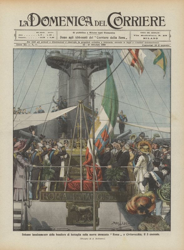 Högtidlig hissning av stridsflaggan på det nya slagskeppet Roma i Civitavecchia, den 3 nuvarande av Achille Beltrame